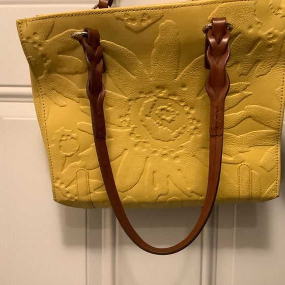 Brighton| Yellow Leather Handbag Embossed Flowers Tassels Casual Office Resort - Picture 7 of 15